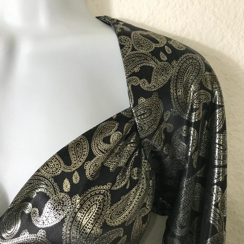 Vintage 80s Homemade Silver Lame Dress XS Paisley Lame Long Sleeve Semi Sheer‎